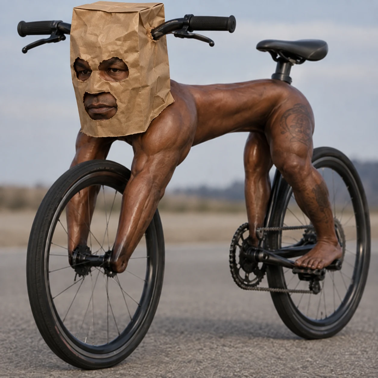 A close-up of Mike's paper bag disguise