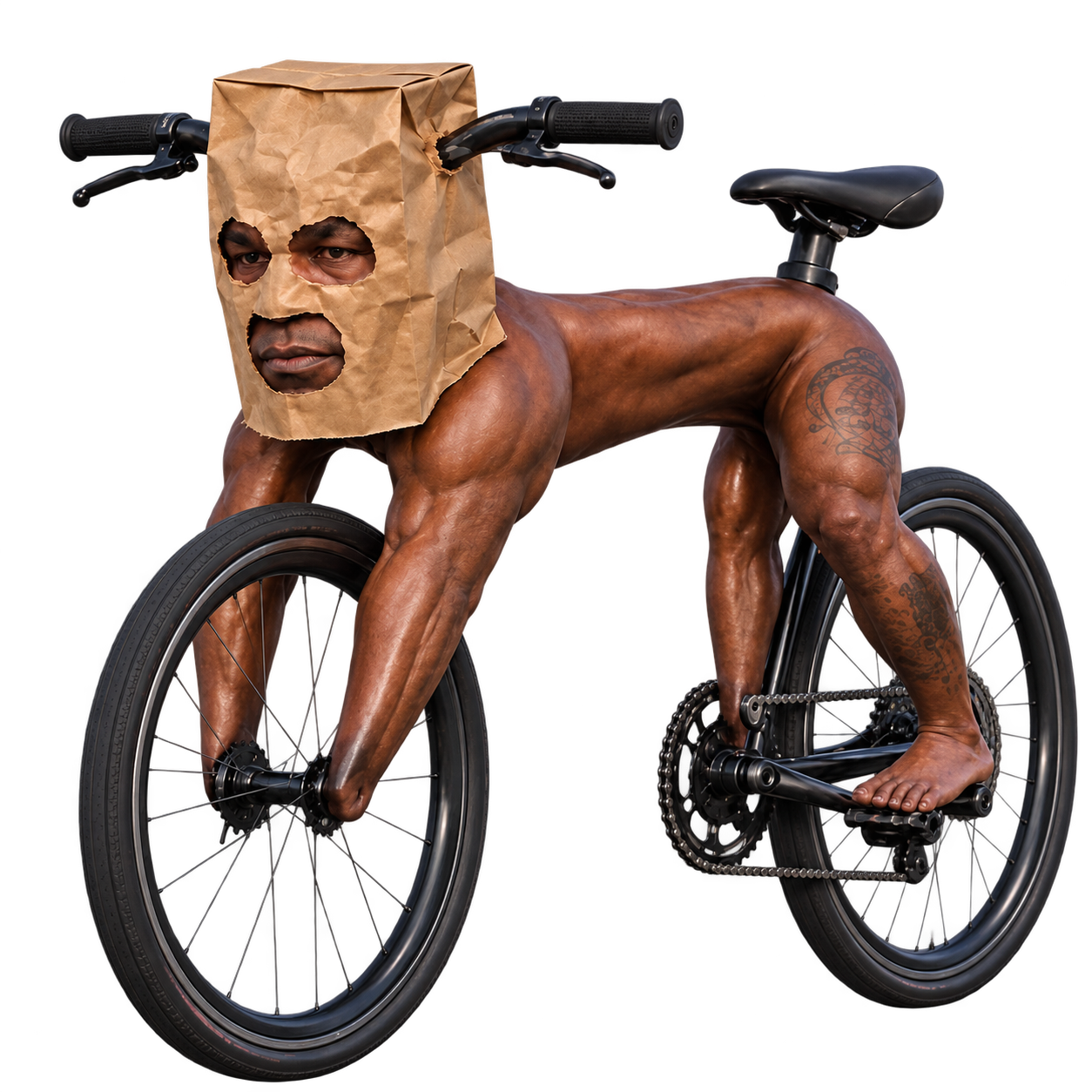 ANONMIKE: a paper-bag-masked character who is also a bicycle